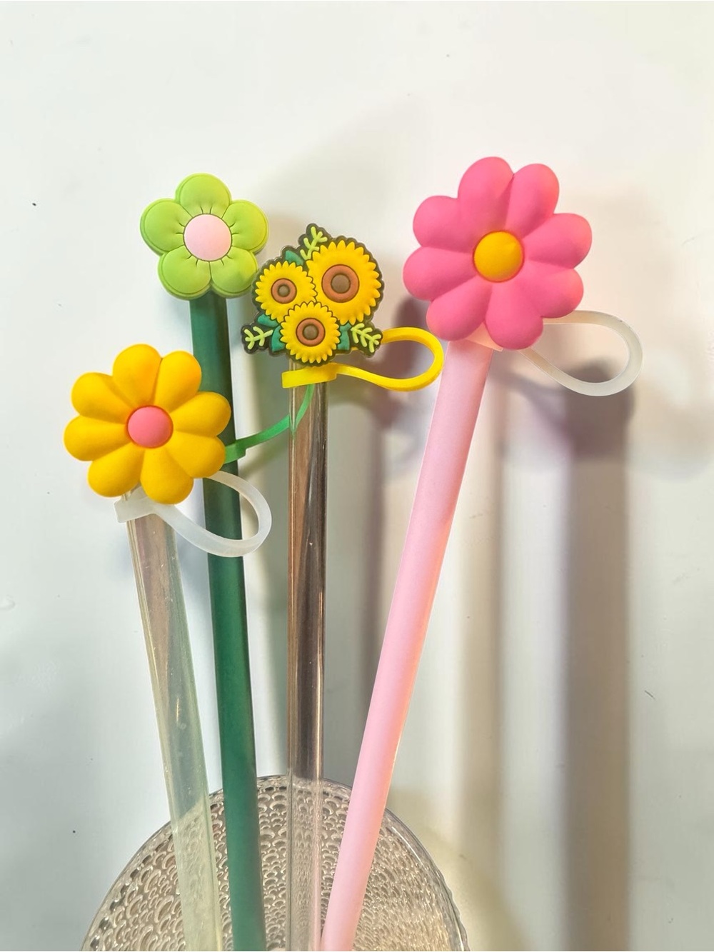 Floral Silicone Drink Straw Toppers in Pink, Yellow, Green